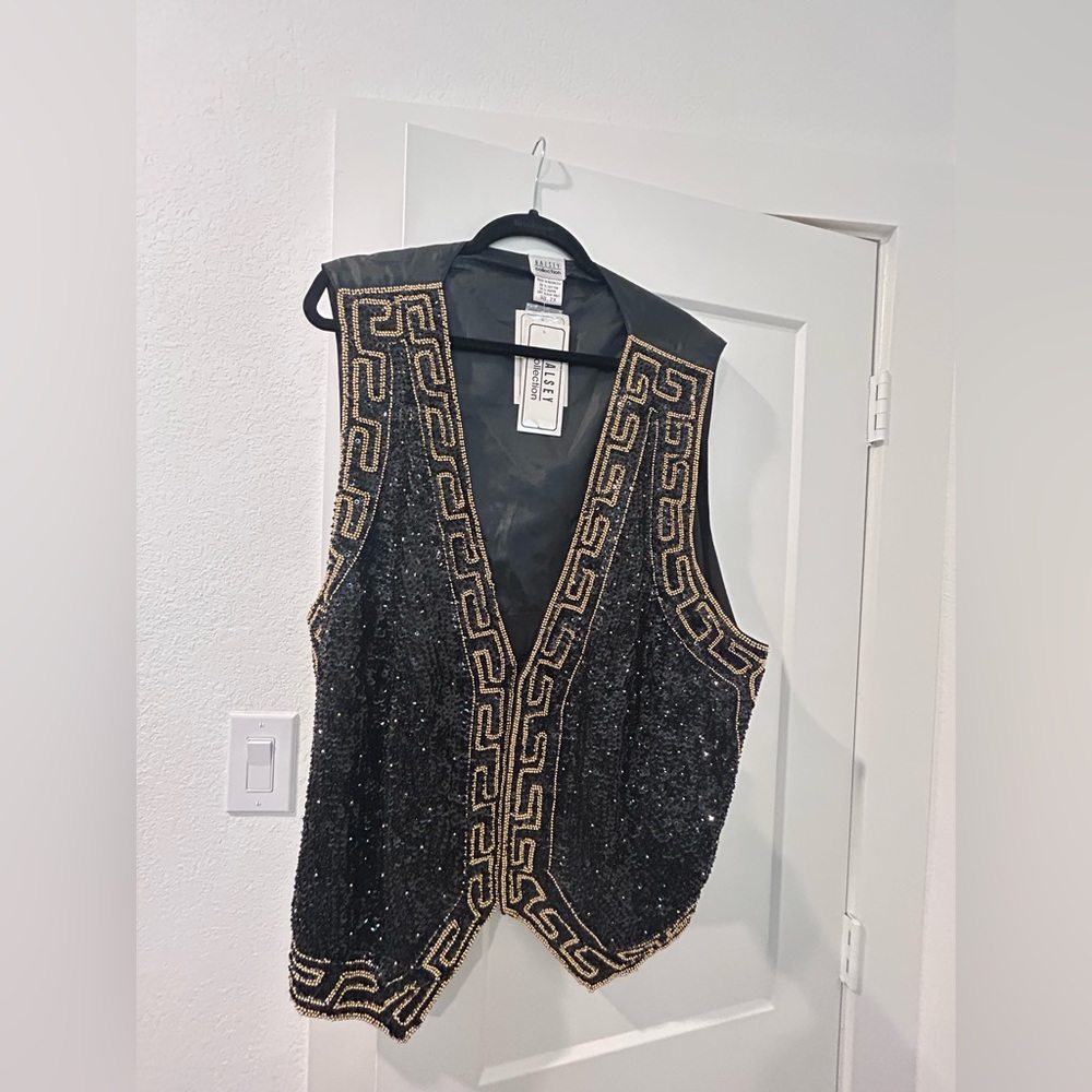 Black Sequin Beaded Vest with Gold Trim